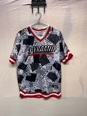 Black Pyramid Newspaper Print V-Neck Jersey